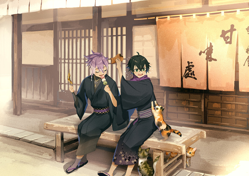 2boys ahoge bench black_hair calico_(pattern) cat closed_eyes curtains dango eating food green_eyes houhou_(black_lack) japanese_clothes kimono male_focus minamoto_kiyomaro multiple_boys open_mouth purple_hair sandals sanshoku_dango sitting skewer slice_of_life sliding_doors smile suishinshi_masahide taiyaki touken_ranbu wagashi yukata