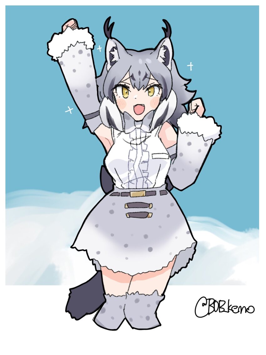 1girl animal_print arm_up b0b_kemo bare_shoulders blush bow bowtie canadian_lynx_(kemono_friends) cat_print center_frills detached_sleeves elbow_gloves frills gloves grey_bow grey_bowtie grey_hair grey_skirt grey_sleeves grey_thighhighs hair_between_eyes high-waist_skirt highres kemono_friends looking_at_viewer multicolored_hair open_mouth print_skirt print_sleeves print_thighhighs shirt short_hair skirt smile solo thighhighs white_hair white_shirt yellow_eyes zettai_ryouiki