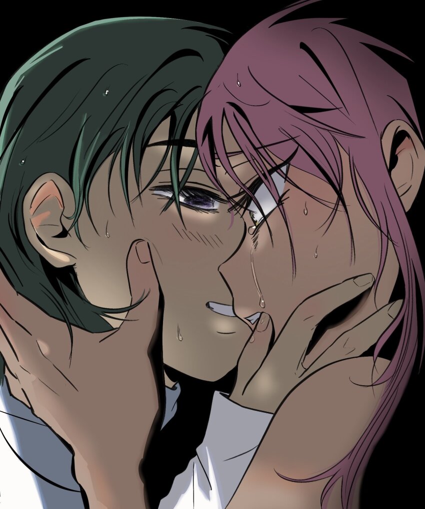 2girls alien_stage black_hair commentary derivative_work english_commentary hand_on_another&#039;s_face highres long_sleeves mizi_(alien_stage) motii multiple_girls pink_hair purple_eyes shirt smile sua_(alien_stage) tears white_shirt yellow_eyes yuri