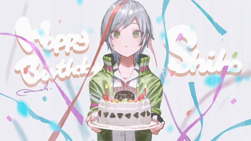 1girl blurry bow bowtie cake candle commentary_request confetti depth_of_field fire food fruit green_eyes green_jacket grey_background grey_hair guest_art happy_birthday highres hinomori_shiho jacket looking_at_viewer open_clothes open_jacket project_sekai red_bow red_bowtie reoen second-party_source shirt short_hair signature solo strawberry streamers sweatdrop triangle white_shirt