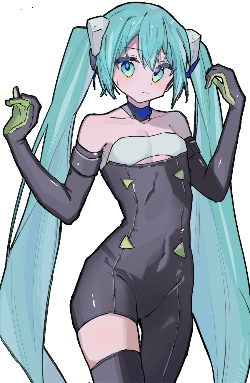 1girl aqua_eyes aqua_hair bare_shoulders black_bodysuit black_gloves bodysuit closed_mouth covered_navel cowboy_shot detached_collar elbow_gloves flat_chest gloves goodsmile_racing hands_up hatsune_miku highres long_hair looking_at_viewer racing_miku racing_miku_(2022) simple_background single_thighhigh solo sweatdrop thighhighs twintails very_long_hair vocaloid white_background yuyu_no_suke