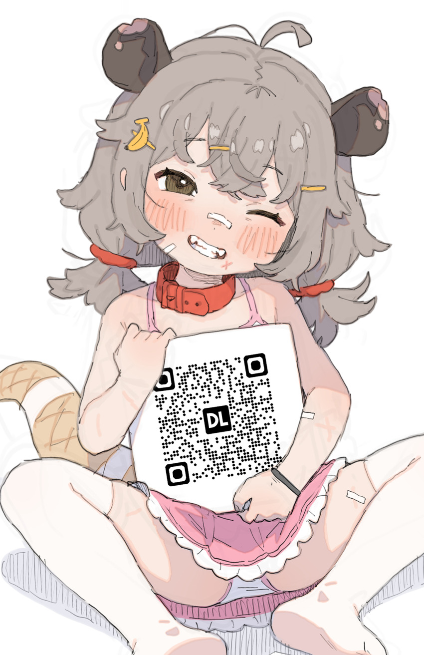 1girl ahoge animal_ears bandaid bandaid_on_face bandaid_on_nose belt_collar bilingual_commentary brown_eyes collar commentary dress english_commentary grey_hair hair_ornament hairclip highres loli long_hair looking_at_viewer macci_(possummachine) mixed-language_commentary no_shoes one_eye_closed original panties pantyshot parted_lips pink_dress possum_ears possum_girl possum_tail possummachine qr_code red_collar simple_background sitting solo spread_legs tail thighhighs twintails underwear white_background white_panties white_thighhighs