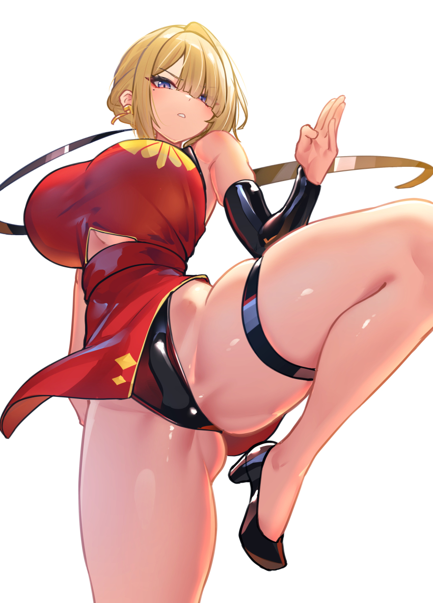 1girl absurdres alternate_costume black_panties blonde_hair breasts china_dress chinese_clothes clothing_cutout commentary_request dress earrings evelyn_chevalier hair_over_one_eye high_heels highres jewelry large_breasts leg_up nicchi panties parted_lips purple_eyes red_dress short_hair simple_background solo thigh_strap thighs underboob_cutout underwear white_background zenless_zone_zero