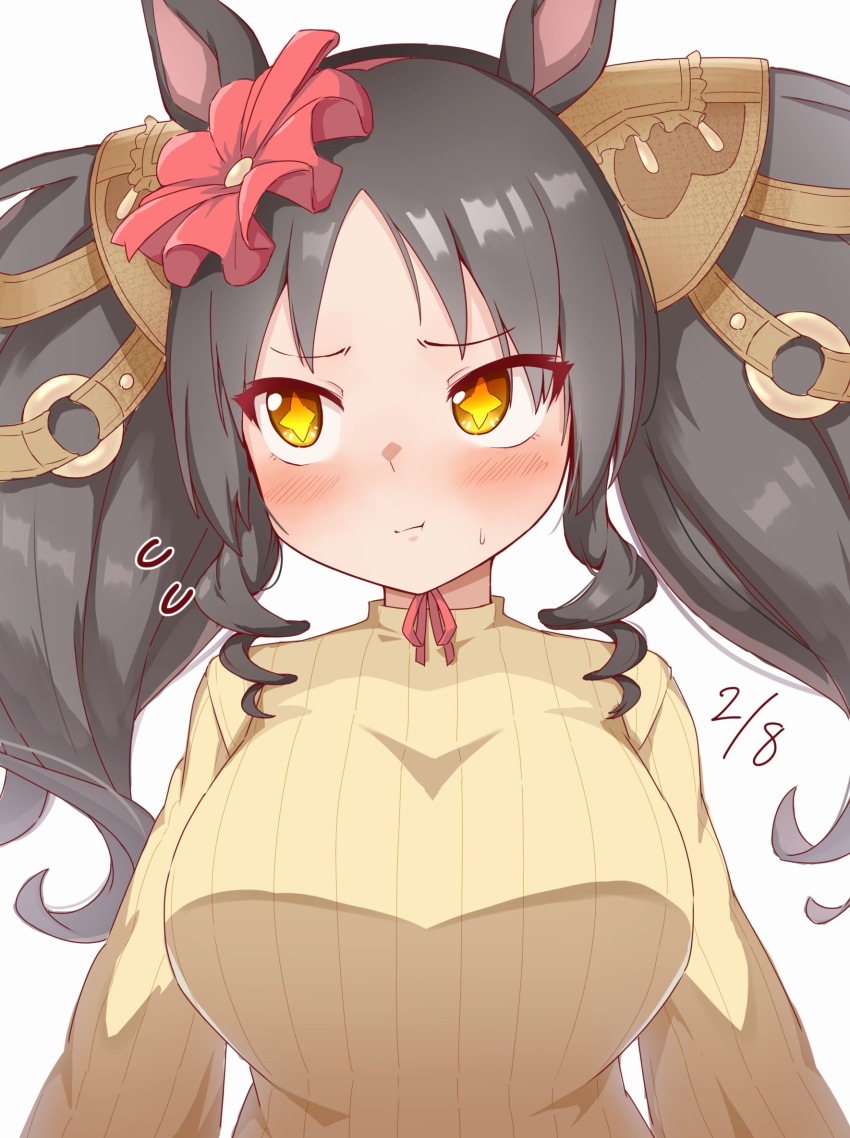 +_+ 1girl animal_ears black_hair blush breasts hair_ornament hekahire_isurus highres horse_ears horse_girl large_breasts marvelous_sunday_(umamusume) pout simple_background solo sweater twintails umamusume white_background