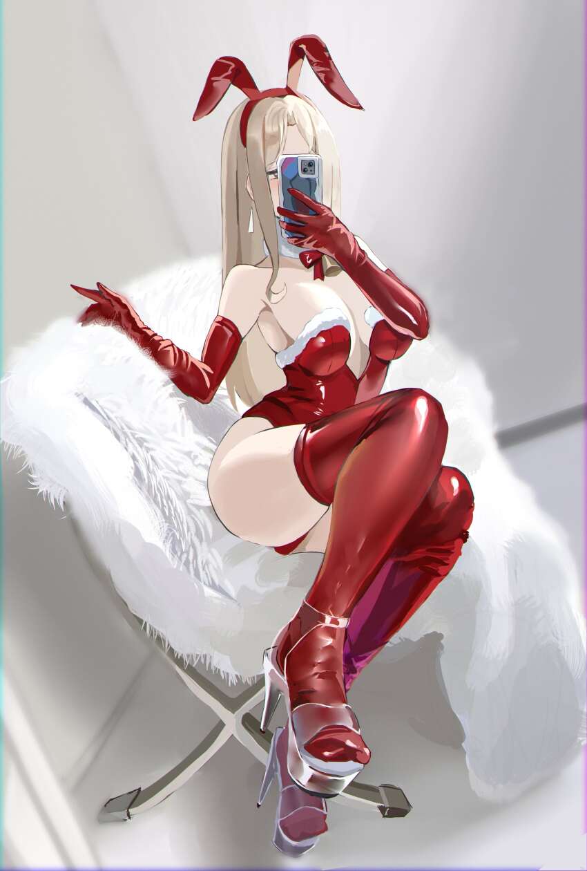 1girl absurdres animal_ear_hairband animal_ears armpits ass blonde_hair breasts cellphone coat commentary_request earrings fake_animal_ears full_body fur-trimmed_leotard fur_coat fur_trim gloves hairband high_heels highres holding holding_phone indoors jewelry large_breasts latex leotard long_hair mirror_selfie original phone playboy_bunny plunging_neckline rabbit_ear_hairband rabbit_ears red_gloves red_leotard red_thighhighs selfie sitting solo straight_hair strapless strapless_leotard thighhighs unworn_coat very_long_hair yato_(yama0x1)