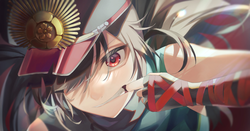 1other black_hair close-up crest family_crest fate/grand_order fate_(series) fingerless_gloves gloves hair_over_one_eye hat highres looking_at_viewer military_hat mipi oda_kippoushi_(fate) oda_nobunaga_(fate) oda_uri open_mouth peaked_cap portrait red_eyes sleeveless solo