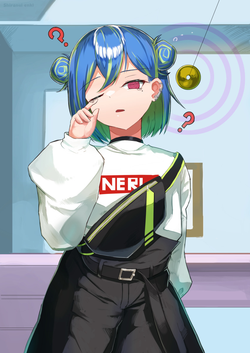 1girl ? @_@ absurdres arm_behind_back belt black_belt black_shorts blue_hair coin coin_on_string commentary_request cowboy_shot dashed_eyes double_bun earclip green_hair hair_between_eyes hair_bun high-waist_shorts highres holed_coin hypnosis long_sleeves looking_at_viewer mind_control mole mole_under_eye multicolored_hair nanashi_inc. official_alternate_costume open_mouth pendulum pink_eyes rubbing_eyes shiranui_enki short_hair shorts single_strap solo suzumi_nemo suzumi_nemo_(2nd_costume) sweater two-tone_hair virtual_youtuber white_sweater