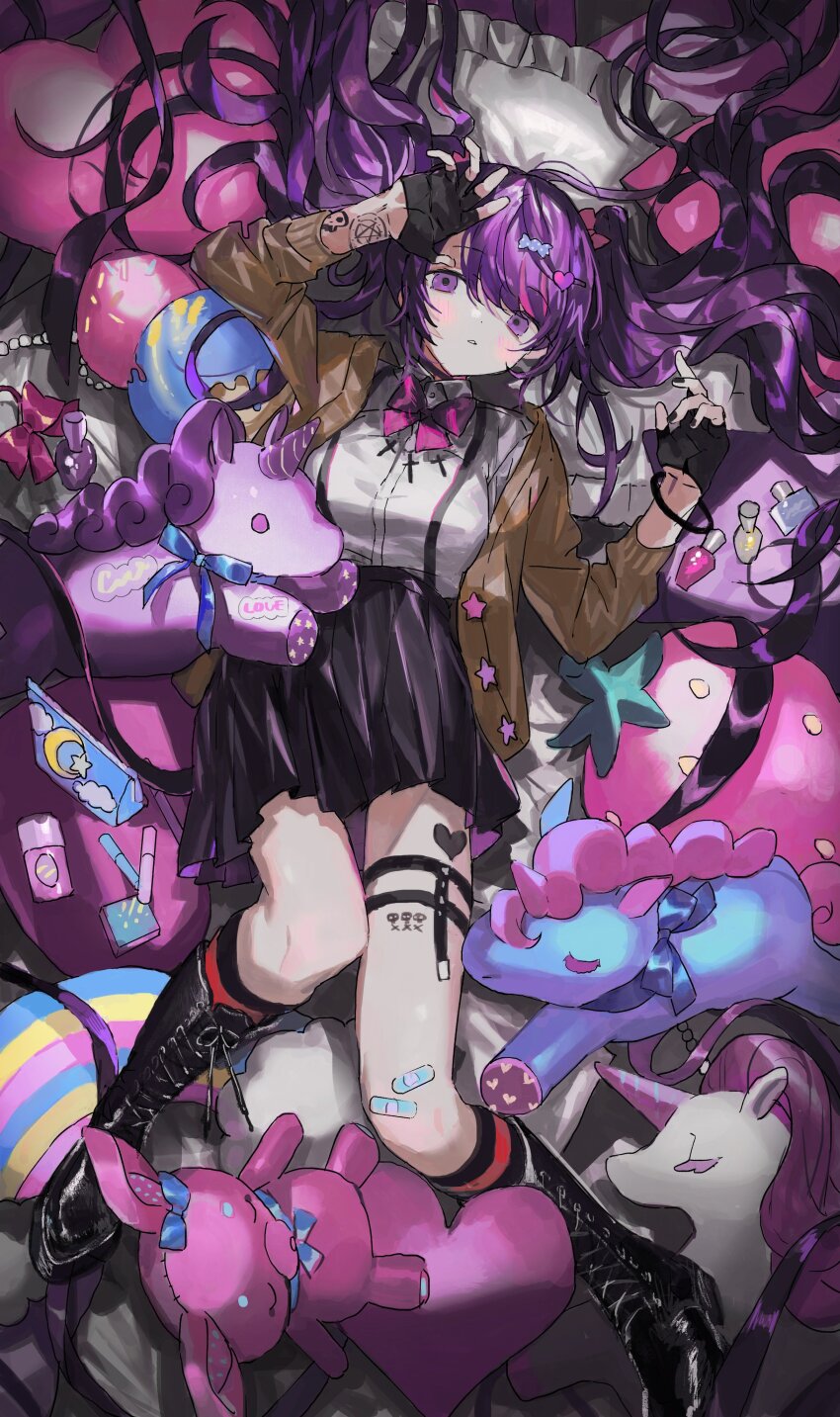 1girl absurdres arm_tattoo bandaid bandaid_on_knee bandaid_on_leg black_boots black_choker black_gloves black_nails black_skirt black_socks blush boots bow bowtie bracelet breasts brown_jacket candy_hair_ornament choker collared_shirt commentary cross_ornament dot_nose english_commentary fingerless_gloves food-themed_hair_ornament full_body garter_straps gloves goth_fashion hair_bow hair_ornament hand_on_own_forehead head_on_pillow heart heart_hair_ornament highres horizontal-striped_socks jacket jewelry long_hair looking_at_viewer lying medium_breasts nana_tetra on_back open_clothes open_jacket original parted_lips pillow pink_bow purple_bow purple_bowtie purple_eyes purple_hair red_socks shirt skirt socks solo stuffed_toy stuffed_unicorn tattoo teeth thigh_strap two-tone_socks white_shirt