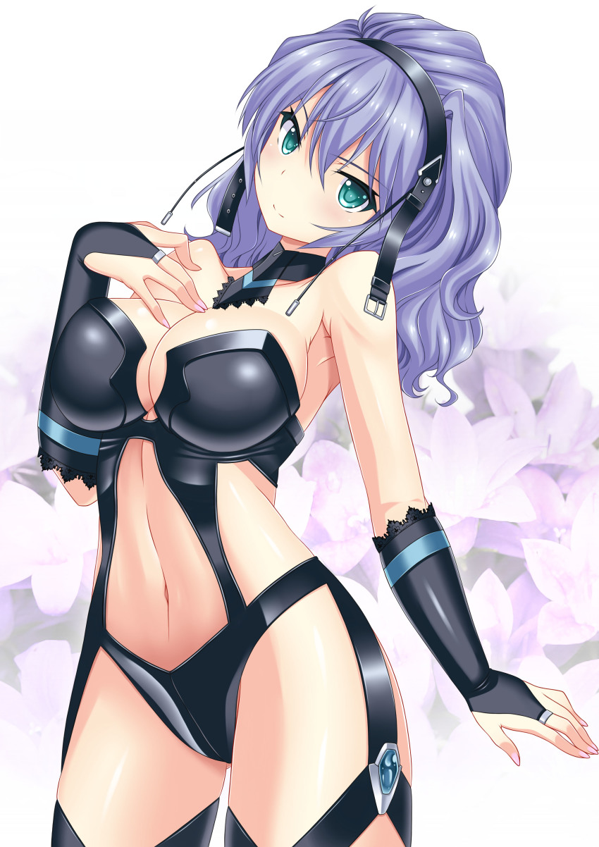 1girl absurdres aqua_centolm breasts bridal_gauntlets cleavage floral_background green_eyes hairband hatsune_haruka highres large_breasts navel purple_hair revealing_clothes smile super_robot_wars super_robot_wars_mx wavy_hair