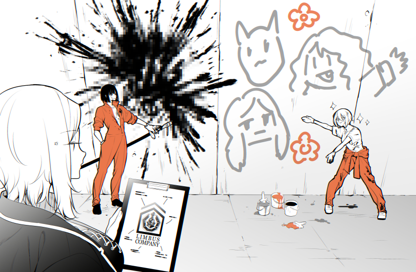 3girls :3 anger_vein bari_(project_moon) blood blood_on_wall censored censored_violence clipboard closed_mouth don_quixote_(project_moon) faust_(project_moon) flower greyscale highres holding holding_clipboard jumpsuit jumpsuit_around_waist la_manchaland&#039;s_don_quixote_(project_moon) limbus_company maki_maki_(makimakipoipoi) monochrome mosaic_censoring multiple_girls orange_flower orange_jumpsuit paint paint_can paintbrush project_moon ryoshu_(project_moon) short_hair sidelocks smile sparkling_eyes spot_color