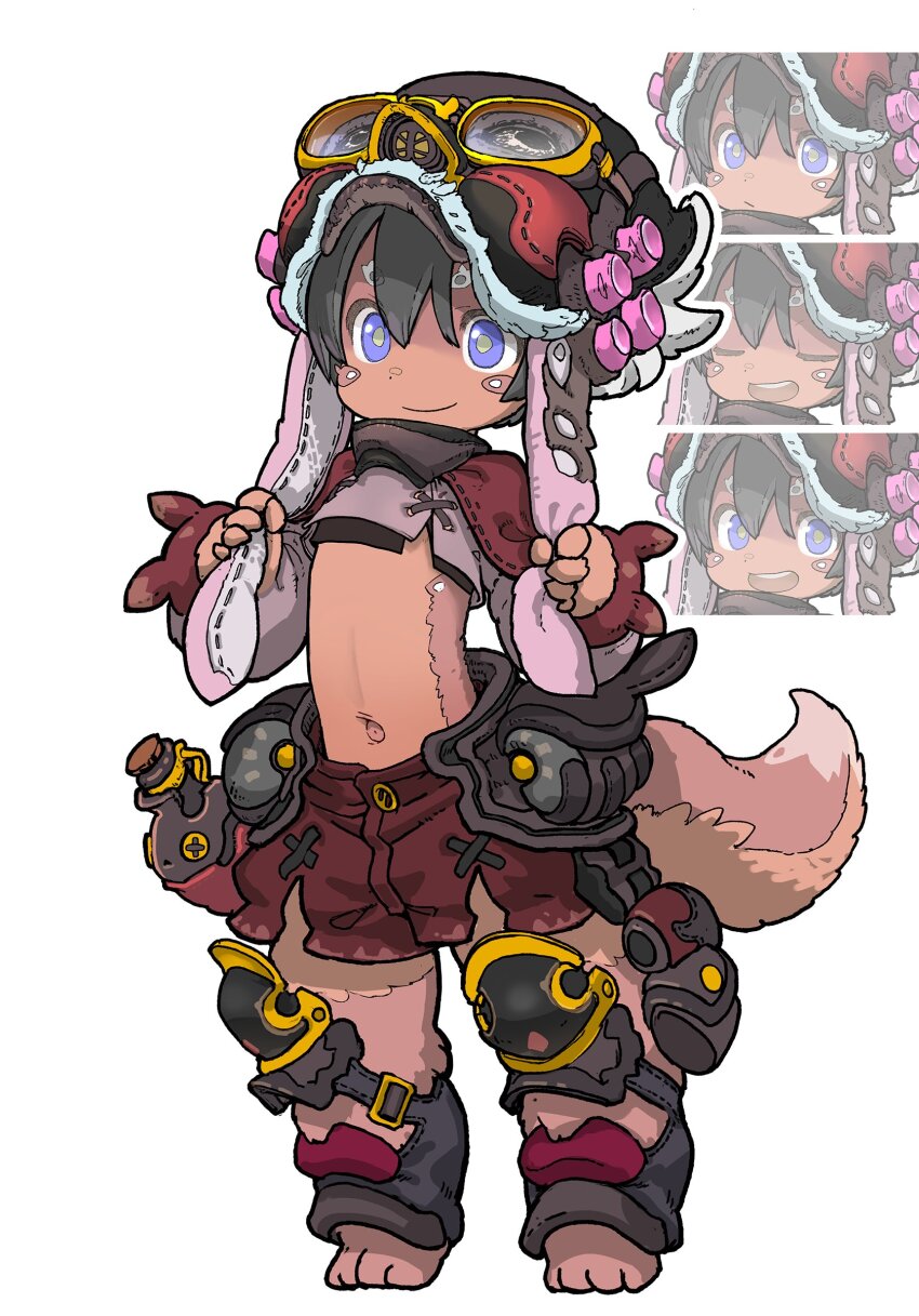 1boy absurdres armor barefoot black_collar black_hat blue_eyes bright_pupils claws closed_eyes collar dark_skin dot_nose double-parted_bangs flower fur_trim goggles grey_eyebrows grey_hair hair_between_eyes hat helmet highres hip_flask long_sleeves looking_at_viewer multicolored_eyes multiple_expressions namagawa_(tsukushi_akihito) original outie_navel pink_fur pink_sleeves red_shorts short_eyebrows shorts sleeves_with_ears smile solo standing stitches toes tsukushi_akihito two-tone_eyebrows two-tone_eyes two-tone_whiskers whiskers white_background white_flower