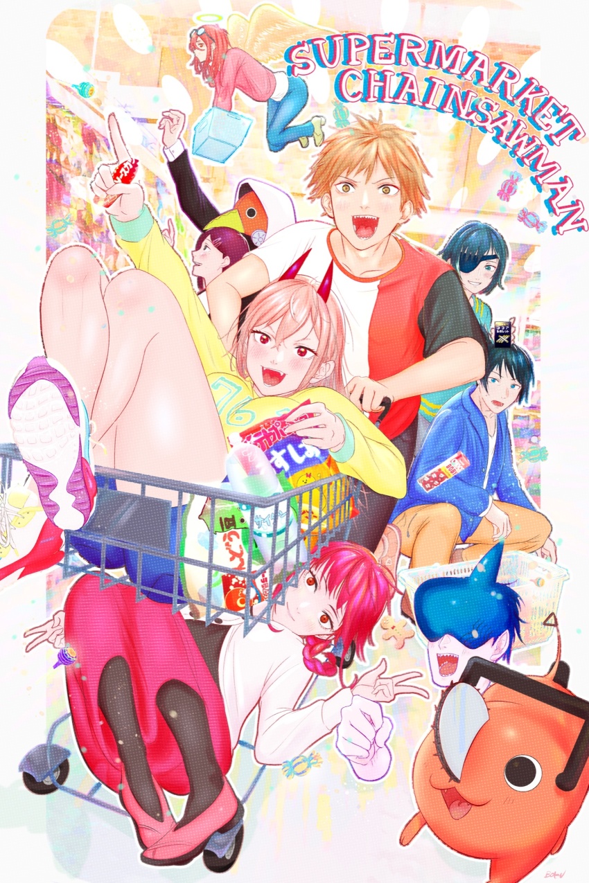 4girls 5boys aisle angel_devil_(chainsaw_man) angel_wings beam_(chainsaw_man) black_hair black_jacket blonde_hair blue_jacket blue_pants blue_shorts bottle breasts brown_pants candy chainsaw chainsaw_man chocolate cigarette_pack cookie crossed_legs denji_(chainsaw_man) english_text excited eyepatch eyewear_on_head feathered_wings floating flying food gingerbread_man hair_ornament hairclip happy hayakawa_aki higashiyama_kobeni high_heels highres himeno_(chainsaw_man) holding holding_chocolate holding_food hood hoodie horns hybrid in_shopping_cart jacket kneeling lollipop long_hair long_sleeves looking_at_another looking_up lying makima_(chainsaw_man) mask medium_breasts medium_hair mole mole_on_cheek mole_under_eye multicolored_shirt multiple_boys multiple_girls one_eye_covered open_mouth pants pink_sweater plague_doctor_mask pochita_(chainsaw_man) pointing power_(chainsaw_man) pushing reaching reaching_towards_viewer red_eyes red_horns red_skirt shark sharp_teeth shoes shop shopping shopping_basket shopping_cart short_hair shorts skirt smile sneakers sunglasses sweater teeth thighhighs tongue tongue_out topknot toyaboku v violence_fiend_(chainsaw_man) water_bottle white_jacket white_wings wings worried yellow_eyes yellow_sweater