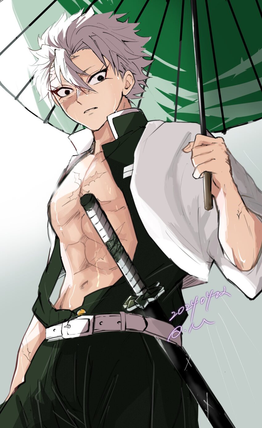 1boy belt black_jacket black_pants cowboy_shot demon_slayer_uniform facial_scar grey_hair hand_up highres holding holding_umbrella jacket katana kimetsu_no_yaiba kmt_ohagi male_focus pants parted_lips rain scar scar_on_cheek scar_on_face shinazugawa_sanemi short_hair solo spiked_hair sword umbrella weapon wet white_belt