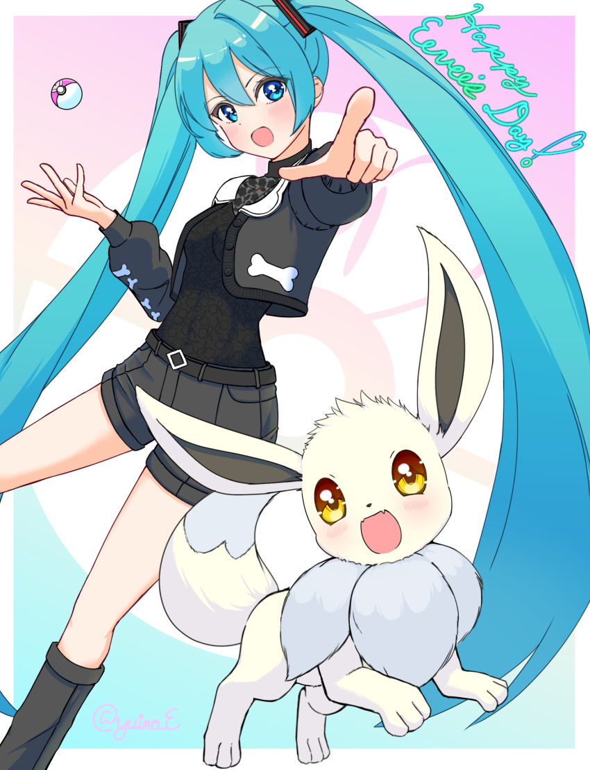 1girl 1other alternate_color aqua_eyes aqua_hair black_jacket black_shirt black_shorts blush commentary_request crossover eevee feet_out_of_frame gen_1_pokemon hair_between_eyes hair_ornament hatsune_miku highres jacket long_hair looking_at_viewer love_ball nintendo open_mouth poke_ball pokemon project_voltage shiny_pokemon shirt short_shorts shorts smile twintails very_long_hair vocaloid yellow_eyes yuin0