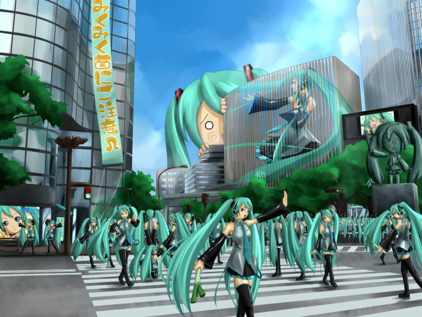 aqua_hair ban_(777purin) black_sleeves building city cityscape crowd detached_sleeves giant hachune_miku hatsune_miku intersection long_hair multiple_girls outdoors road scenery screen spring_onion statue street twintails very_long_hair vocaloid