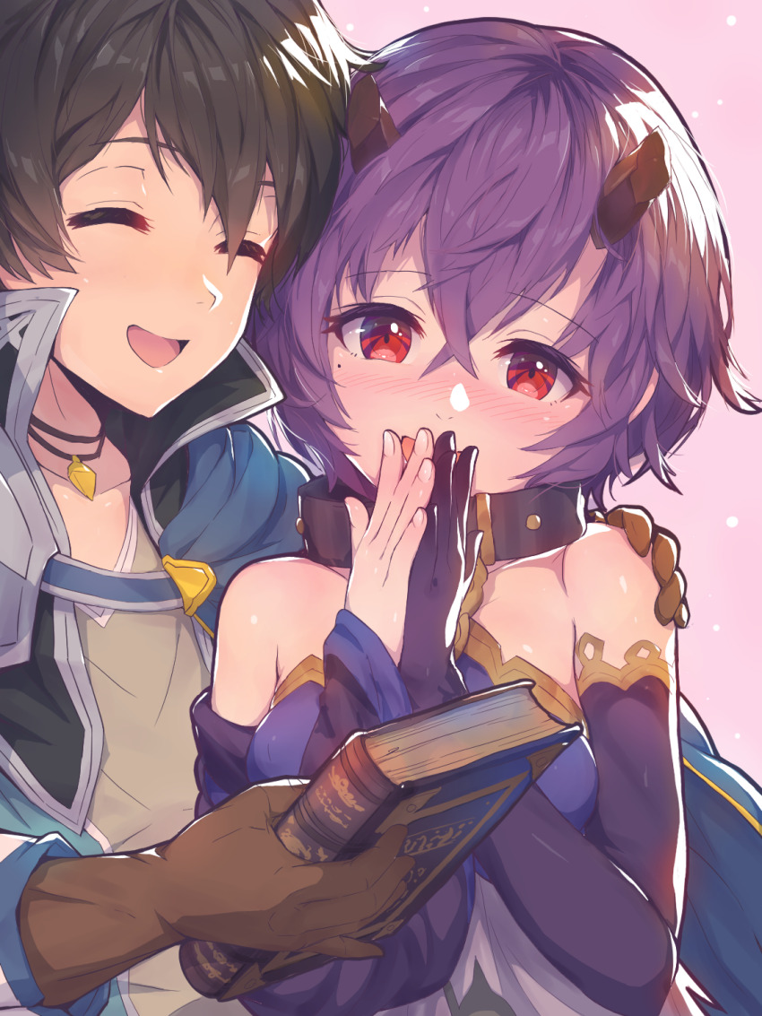 1boy 1girl asymmetrical_gloves bare_shoulders blush book brown_hair closed_eyes coba_(coba_xp) collar demon_girl demon_horns elbow_gloves gloves hand_on_another&#039;s_shoulder highres horns mismatched_gloves princess_connect! purple_hair red_eyes shinobu_(princess_connect!) short_hair smile yuuki_(princess_connect!)