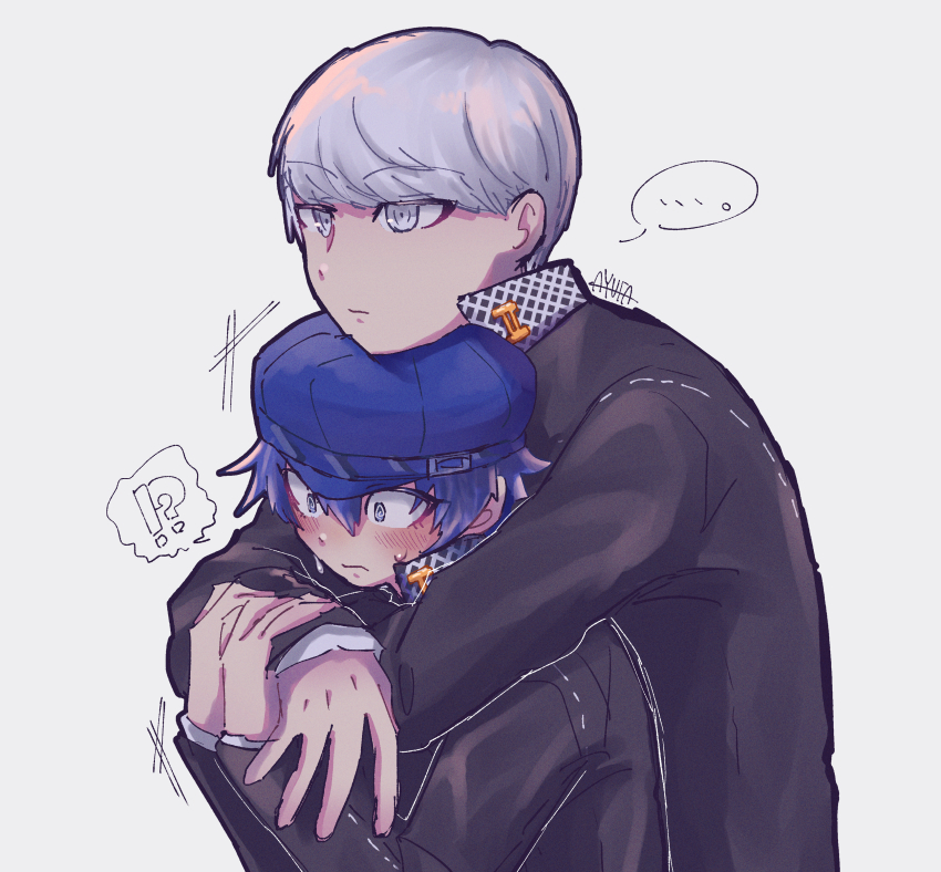 ! !? ... 1boy 1girl ? absurdres artist_name ayufa black_jacket blue_eyes blue_hair blue_hat blush closed_mouth commentary_request expressionless gakuran grey_eyes grey_hair hair_between_eyes hat height_difference highres hug hug_from_behind jacket long_sleeves narukami_yu newsboy_cap persona persona_4 school_uniform shirogane_naoto short_hair simple_background white_background yasogami_school_uniform