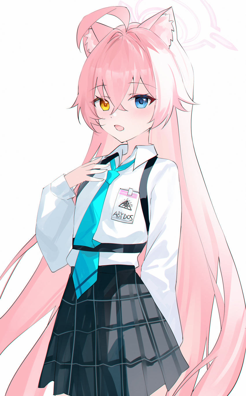 1girl absurdres animal_ears blue_archive blue_eyes blue_necktie blush cat_ears commentary halo heterochromia highres hoshino_(blue_archive) long_hair looking_at_viewer necktie open_mouth pink_hair pink_halo pleated_skirt shirt skirt solo usagi_(786113654) very_long_hair white_background white_shirt yellow_eyes