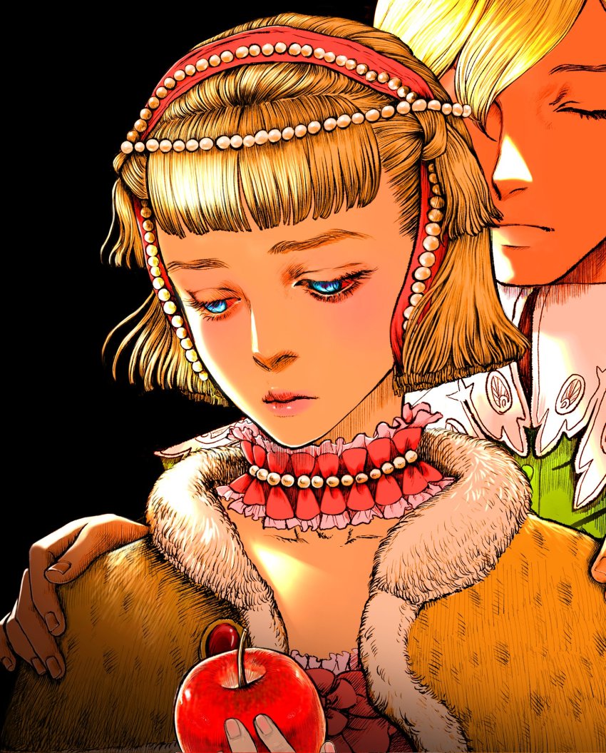 1boy 1girl apple berserk black_background blonde_hair blue_eyes bob_cut brother_and_sister closed_eyes closed_mouth commentary commentary_request corrupted_twitter_file farnese_(berserk) food fruit fur fur_jacket gem hair_between_eyes hair_ornament hand_on_another&#039;s_shoulder highres holding holding_food holding_fruit jacket nail_polish nisino2222 pearl_(gemstone) pearl_hair_ornament serpico_(berserk) siblings simple_background