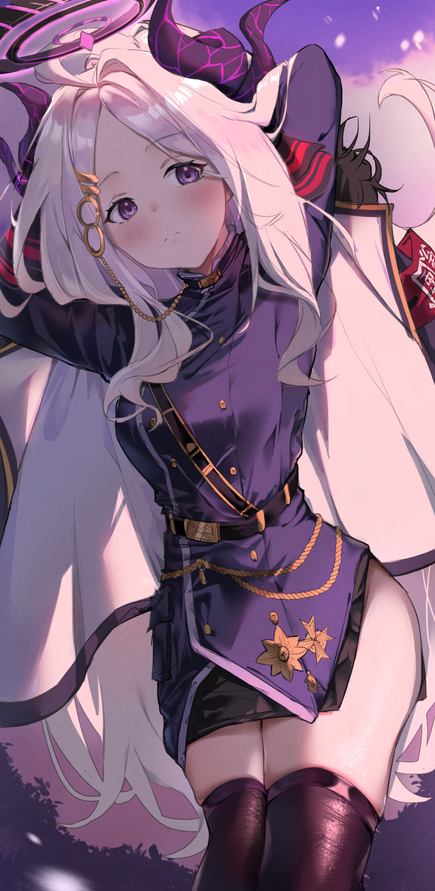 1girl adjusting_hair aiguillette alacarteneko armband arms_behind_head belt belt_buckle black_belt black_halo black_horns black_skirt black_thighhighs blue_archive breasts buckle buttons closed_mouth coat coat_on_shoulders cowboy_shot demon_girl demon_horns dot_nose double-breasted forehead fur-trimmed_coat fur_trim hair_ornament hair_over_shoulder hairclip halo highres hina_(blue_archive) horns light_blush long_hair long_sleeves looking_at_viewer medal military_uniform miniskirt open_clothes open_coat parted_bangs pencil_skirt purple_eyes purple_sky red_armband side_slit skirt sky small_breasts solo standing thighhighs thighs very_long_hair wavy_hair white_hair zettai_ryouiki