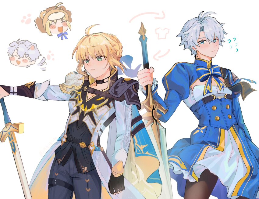 1boy 1girl ahoge animal_ears antenna_hair armor arrow_(symbol) artoria_pendragon_(fate) belt black_belt black_choker black_gloves black_pants blonde_hair blue_bow blue_bowtie blue_cape blue_dress blue_eyes bow bowtie braid breasts brown_pantyhose buttons cape choker closed_eyes closed_mouth coat cosplay costume_switch cowboy_shot crossdressing crossover dog_ears dog_tail dress embarrassed excalibur_(fate/stay_night) fate/stay_night fate/unlimited_blade_works fate_(series) fingerless_gloves flying_sweatdrops gauntlets gloves green_eyes grey_hair hair_between_eyes hair_bow hair_bun hand_up highres holding holding_sword holding_weapon honkai:_star_rail honkai_(series) jacket juliet_sleeves kemonomimi_mode lion_hood long_sleeves looking_at_viewer maiikun medium_breasts open_clothes open_coat open_mouth pants pantyhose phainon_(honkai:_star_rail) phainon_(honkai:_star_rail)_(cosplay) puffy_sleeves saber_(fate) saber_(fate)_(cosplay) saber_(honkai:_star_rail)_(fate) short_hair shoulder_armor sidelocks simple_background smile standing sun_symbol sword tail thigh_strap two-sided_cape two-sided_coat two-sided_fabric two-tone_dress weapon white_background white_coat white_dress white_jacket yellow_cape yellow_coat