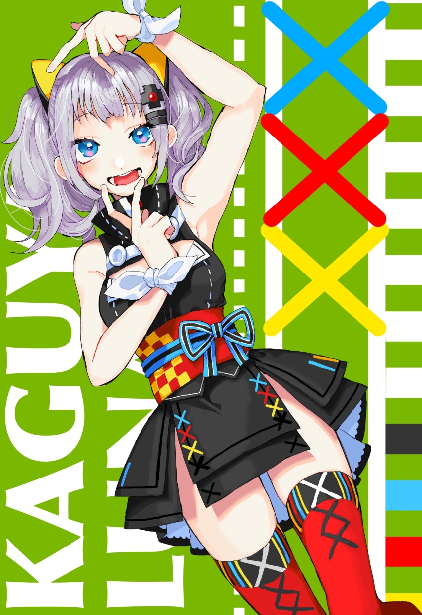 1girl :d arm_up armpits bare_shoulders black_dress blue_eyes breasts character_name cleavage_cutout clothing_cutout d-pad d-pad_hair_ornament dress green_background grey_hair hair_ornament hairclip hand_up highres kaguya_luna medium_breasts medium_hair obi obijime open_mouth red_thighhighs ribbon sash short_dress sleeveless sleeveless_dress smile solo teeth the_moon_studio thighhighs twintails virtual_youtuber white_ribbon wrist_ribbon wristband yoshioka_suke