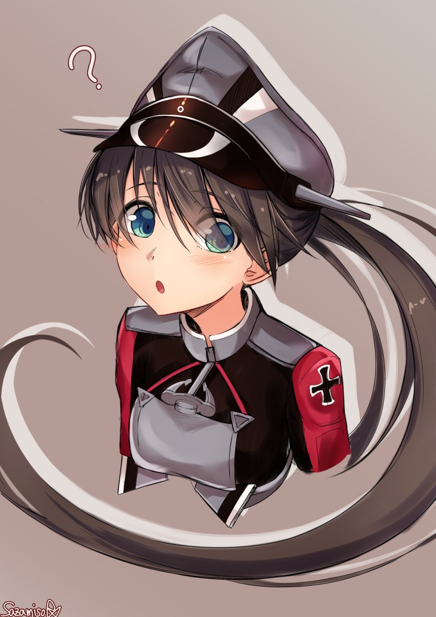 1girl ? alternate_costume anchor black_hair blue_eyes cosplay cross female_focus grey_background hat highres houshou_(kancolle) iron_cross kantai_collection long_hair open_mouth peaked_cap ponytail prinz_eugen_(kancolle) prinz_eugen_(kancolle)_(cosplay) sazamiso_rx simple_background solo uniform upper_body