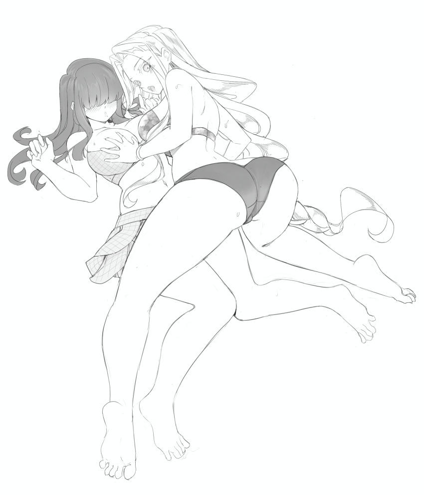 2girls absurdres ass bikini breasts full_body girl_on_top greyscale hair_between_eyes highres hornfelstone huge_breasts kakure_meme kimi_no_koto_ga_dai_dai_dai_dai_daisuki_na_100-nin_no_kanojo large_breasts long_hair monochrome multiple_girls sketch swimsuit utsukushisugi_mimimi yuri