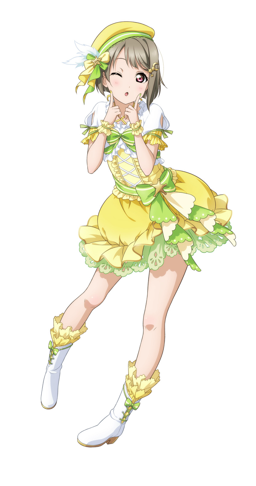 1girl ;o absurdres asymmetrical_hair beret blush bob_cut boots bow brown_hair contrapposto crescent crescent_hair_ornament cross-laced_clothes cross-laced_dress diamond_(love_live!) dress fingers_to_cheeks footwear_bow full_body green_bow hair_ornament hairclip hat highres inverted_bob looking_at_viewer love_live! love_live!_nijigasaki_high_school_idol_club love_live!_school_idol_festival_all_stars nakasu_kasumi official_alternate_costume official_art one_eye_closed open_mouth puffy_short_sleeves puffy_sleeves red_eyes short_dress short_hair short_sleeves side_cross-laced_footwear simple_background solo standing transparent_background white_boots white_sleeves yellow_dress yellow_hat