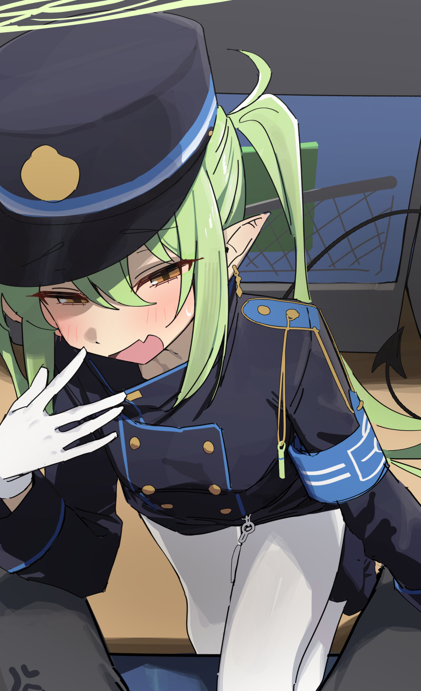 1girl absurdres anger_vein armband black_hat black_jacket blue_archive blue_armband brown_eyes demon_tail fang gloves green_hair green_halo halo hat highres jacket long_hair nozomi_(blue_archive) one_eye_closed open_mouth pantyhose pointy_ears skin_fang solo_focus syhan tail twintails white_gloves white_pantyhose yawning