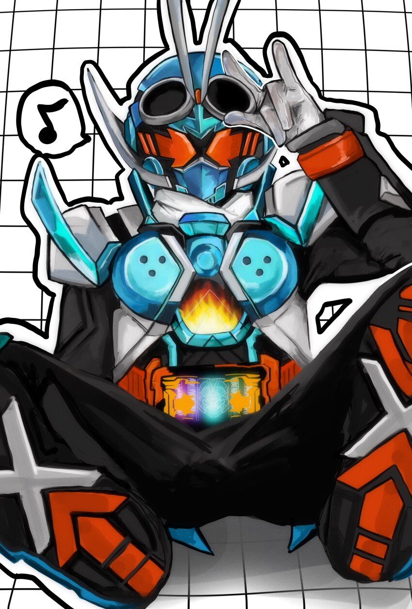 1boy absurdres adjusting_goggles armor black_bodysuit blue_armor blue_helmet bodysuit goggles goggles_on_head gotcha_driver helmet highres kamen_rider kamen_rider_gotchard kamen_rider_gotchard_(series) male_focus musical_note orange_eyes r1der_l0ve solo speech_bubble spoken_musical_note