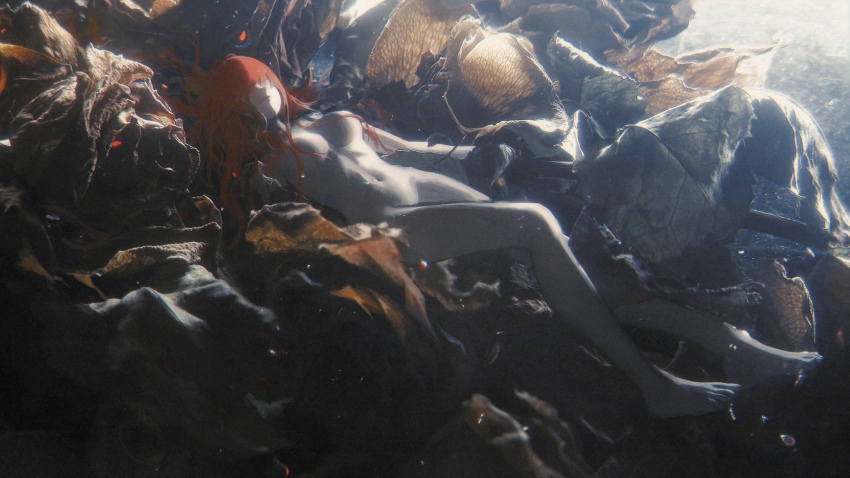 1girl air_bubble breasts bubble commentary_request completely_nude convenient_censoring hair_over_eyes highres linea_alba long_hair lying medium_breasts nude on_back original red_hair red_lips scenery solo tagme underwater wang-xi