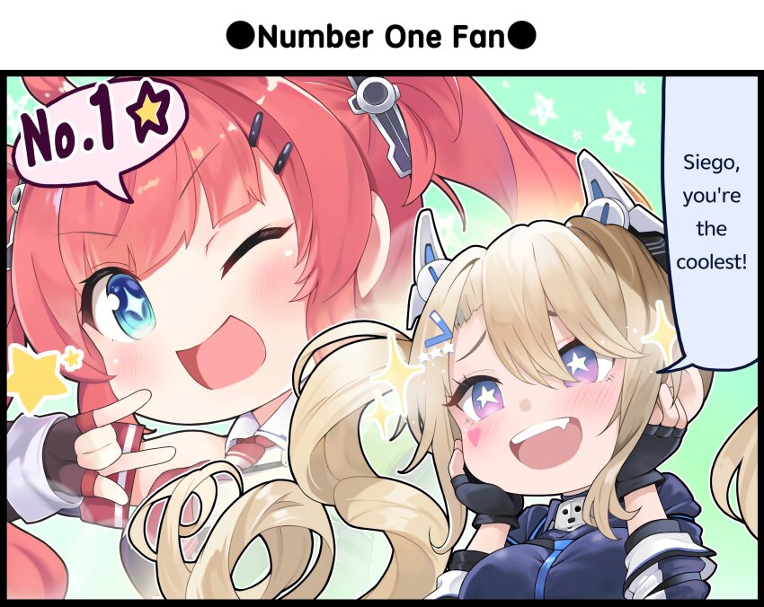 2girls azur_lane black_gloves blonde_hair blue_eyes blush breasts chibi commentary detached_sleeves english_commentary english_text fingerless_gloves floating_hair gloves guam_(azur_lane) hair_between_eyes hair_ornament hairclip hands_on_own_cheeks hands_on_own_face hands_up headgear heart highres large_breasts long_hair long_sleeves looking_at_viewer looking_to_the_side m/ multiple_girls necktie no_nose official_art one_eye_closed open_mouth raised_eyebrows red_hair red_necktie san_diego_(azur_lane) san_diego_(retrofit)_(azur_lane) satogo shirt sleeveless sleeveless_shirt smile sparkle sparkling_eyes star-shaped_pupils star_(symbol) star_symbol_background symbol-shaped_pupils teeth upper_body upper_teeth_only v-shaped_eyebrows