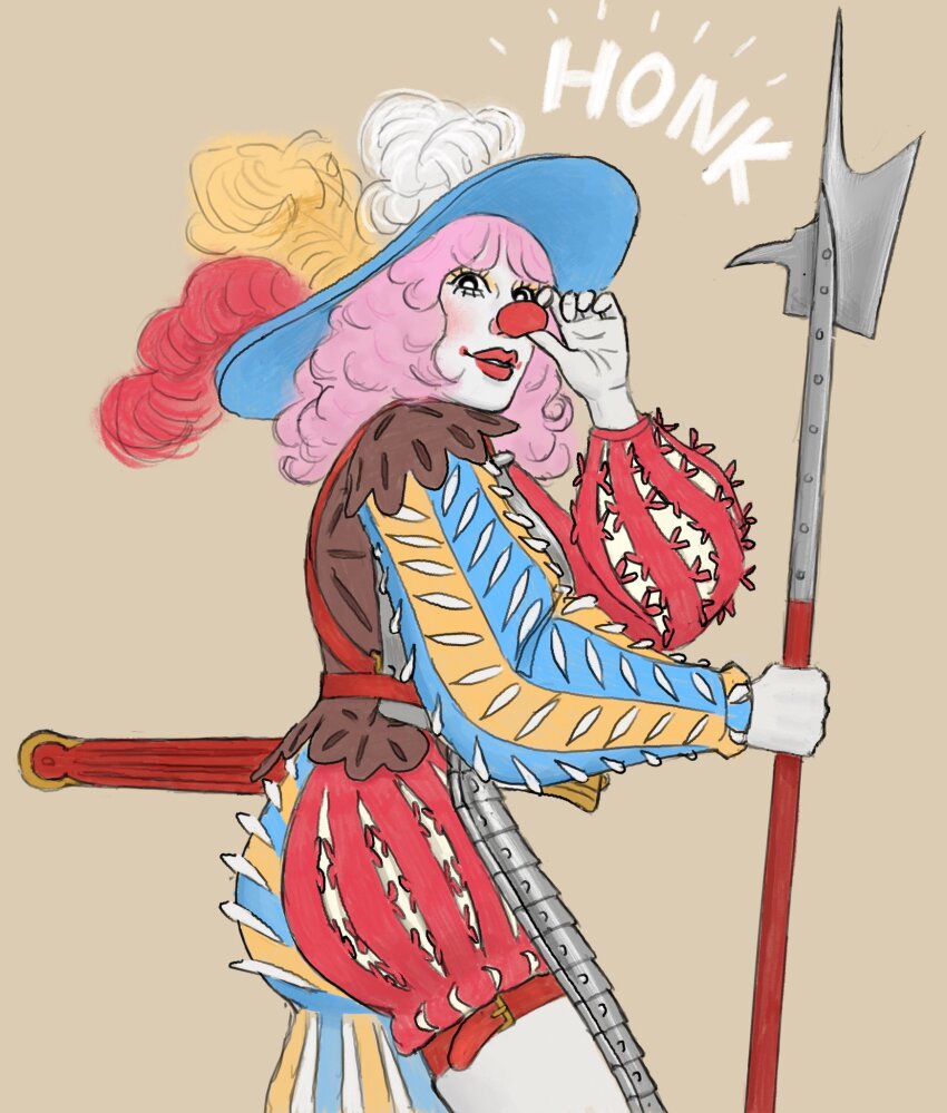 1girl armor belt_buckle black_eyes brown_background buckle clown clown_nose clownsknecht goblin_bin hat hat_feather highres holding holding_polearm holding_weapon honking_nose makeup original pink_hair polearm red_lips scabbard sheath simple_background solo weapon