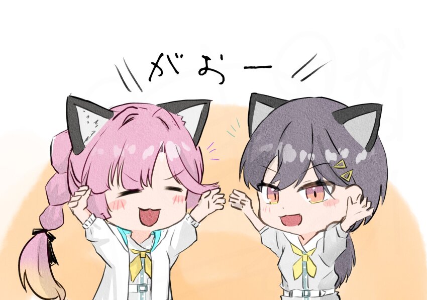 2girls :3 :d =_= animal_ears anyoji_hime arms_up blush cat_ears closed_eyes commentary_request dress gao grey_dress grey_hair hair_intakes hair_ornament hasu_no_sora_school_uniform highres hood hooded_jacket jacket katsuragi_izumi kemonomimi_mode kisaragi_yukitora link!_like!_love_live! long_hair love_live! multi-tied_hair multiple_girls neckerchief notice_lines open_clothes open_jacket open_mouth orange_eyes pink_hair ponytail puffy_short_sleeves puffy_sleeves sailor_collar school_uniform short_sleeves smile summer_uniform triangle_hair_ornament upper_body v-shaped_eyebrows virtual_youtuber white_jacket white_sailor_collar wolf_cut yellow_neckerchief