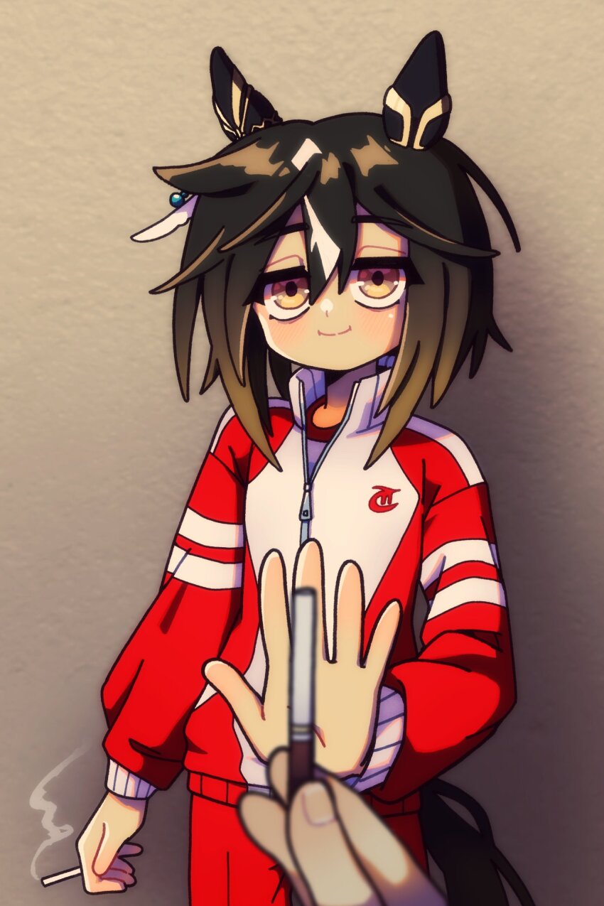 2girls animal_ears black_hair blush brown_eyes brown_hair cigarette closed_mouth ear_covers ear_ornament gold_ship_(umamusume) hair_between_eyes highres horse_ears horse_girl horse_tail jacket kitnoko long_hair looking_at_viewer multicolored_hair multiple_girls pants red_jacket red_pants red_track_suit shirt smile smoking solo_focus stay_gold_(umamusume) streaked_hair tail tracen_training_uniform track_jacket track_pants track_suit umamusume white_hair
