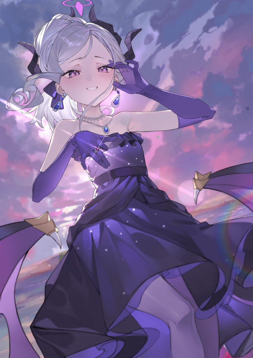 1girl absurdres blue_archive blush breasts chinese_commentary cloud cloudy_sky commentary_request dress elbow_gloves feet_out_of_frame gloves grey_hair halo hand_up highres hina_(blue_archive) hina_(dress)_(blue_archive) jewelry long_hair looking_at_viewer low_wings lushi_jin_up necklace official_alternate_costume outdoors pantyhose parted_bangs presenting purple_dress purple_eyes purple_gloves purple_halo purple_pantyhose purple_wings sky small_breasts smile solo strapless strapless_dress sunset wings