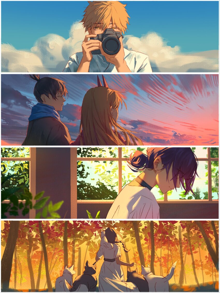 2boys 3girls animal animal_on_shoulder belt black_belt black_choker black_hair blonde_hair blue_scarf braid camera cat chainsaw_man choker cloud commentary crying crying_with_eyes_open demon_horns denji_(chainsaw_man) dog dress floating_hair from_behind hair_bun hayakawa_aki highres holding holding_camera horns indoors kozzz_y leaf long_hair meowy_(chainsaw_man) multiple_boys multiple_girls nayuta_(chainsaw_man) outdoors power_(chainsaw_man) red_horns reze_(chainsaw_man) scarf shirt short_hair short_sleeves single_hair_bun sky tears tree white_dress white_shirt window yellow_eyes