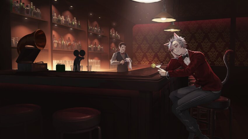 2boys absurdres alcohol animal_ear_fluff animal_ears artist_name asymmetrical_bangs bar_(place) bar_counter bar_stool bartender black_bow black_bowtie black_pants black_shoes black_socks black_tail bottle bow bowtie bracelet buttons cat_boy cat_ears cat_tail ceiling_light cleaning_rag cocktail_glass collared_shirt colored_tips commentary cup curtained_hair dark dress_shirt drink drinking_glass elbow_rest eyebrows_hidden_by_hair feet_out_of_frame from_side hair_ornament hair_over_one_eye hand_on_own_cheek hand_on_own_face hanging_light head_rest head_tilt highres holding holding_drink indie_virtual_youtuber indoors jacket jewelry leaning_forward leaning_on_table long_eyelashes long_sleeves looking_at_object male_focus multicolored_hair multiple_boys pants parted_bangs phonograph pink_eyes pink_hair red_eyes red_jacket red_tail shelf shirt shoes short_hair sidelocks sitting slit_pupils smile socks solo_focus spiked_hair stool suit_jacket sweatpants symbol-only_commentary tail tail_raised thick_eyelashes two-tone_hair two-tone_tail vertigris white_hair white_shirt wooden_floor x_hair_ornament