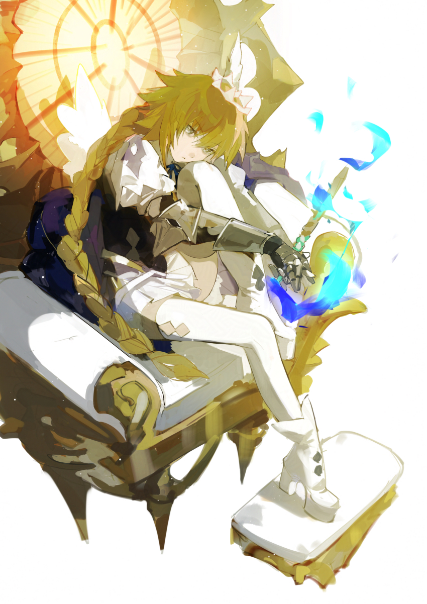 1girl absurdres angel_wings blonde_hair braid braided_ponytail commentary expressionless fate/grand_order fate_(series) fui_(fui29493452) full_body gauntlets grey_eyes halo head_on_knee high_heels highres jeanne_d&#039;arc_(fate) knee_up long_hair long_sleeves looking_at_viewer metatron_jeanne_(fate) own_hands_clasped own_hands_together puffy_sleeves shoes simple_background sitting_on_throne solo thighhighs throne white_background white_shoes white_thighhighs white_wings wings