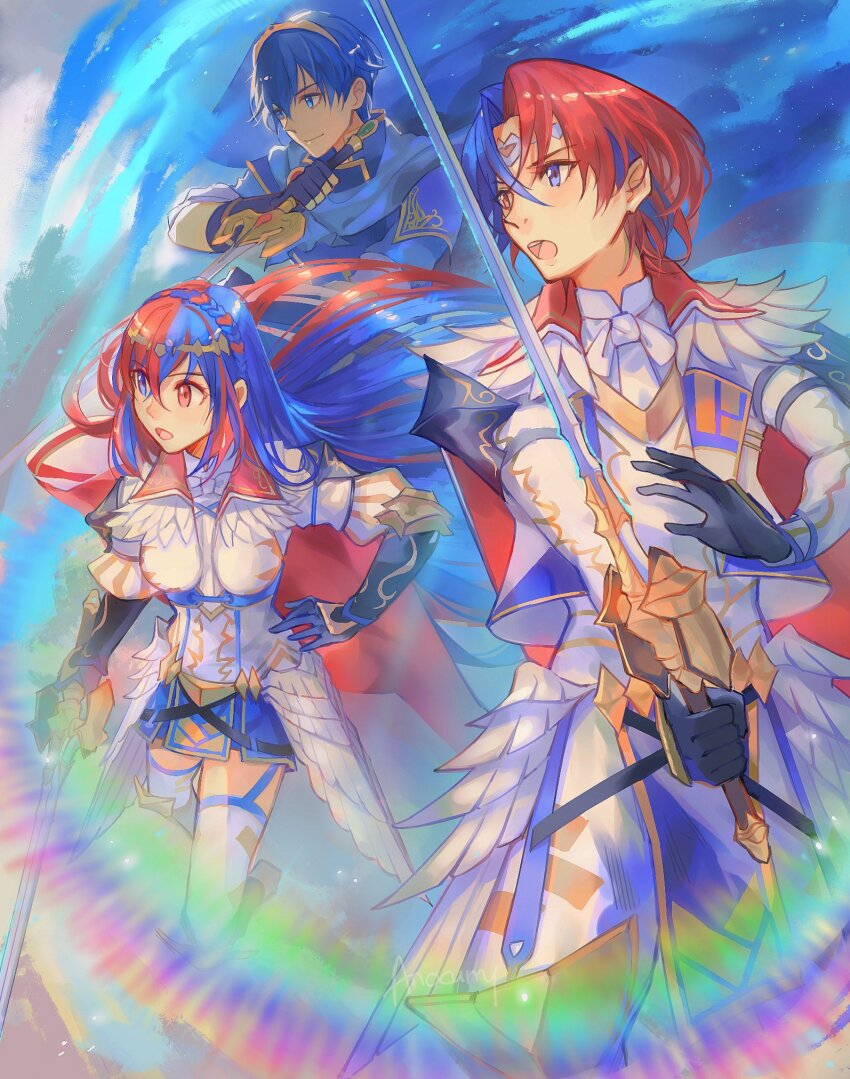 1girl 2boys female_alear_(fire_emblem) male_alear_(fire_emblem) anocurry blue_eyes blue_hair braid breasts commentary crossed_bangs crown_braid english_commentary female_alear_(awoken_divinity)_(fire_emblem) fire_emblem fire_emblem_engage fire_emblem_heroes gloves heterochromia highres long_hair marth_(emblem)_(fire_emblem) marth_(fire_emblem) multicolored_hair multiple_boys nintendo official_alternate_costume rainbow_gradient red_eyes red_hair short_hair solo split-color_hair tiara two-tone_hair very_long_hair