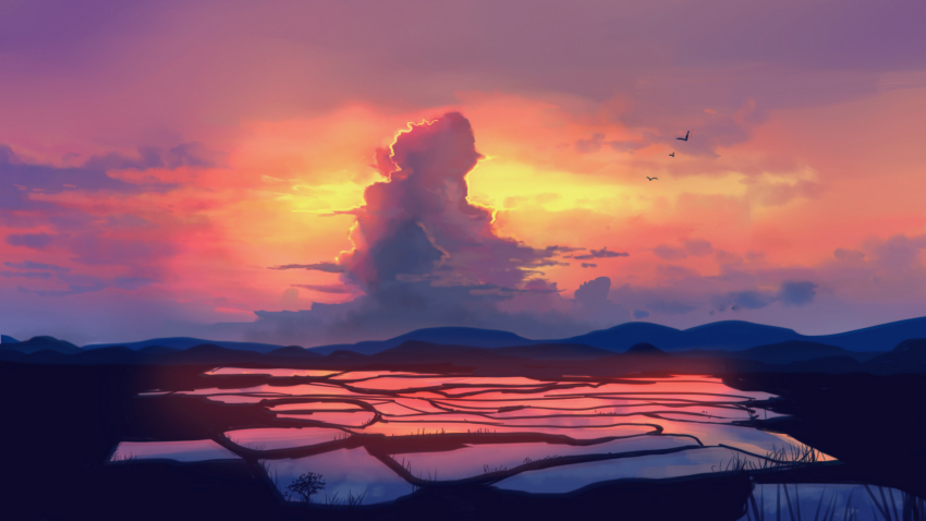 cloud cloudy_sky commentary_request grass highres huashixiatao mountainous_horizon no_humans orange_sky original reflection reflective_water rice_paddy scenery simple_bird sky tree