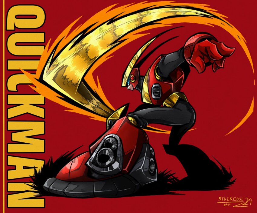 1boy armor artist_name blue_eyes character_name from_side full_body helmet highres male_focus mega_man_(classic) mega_man_(series) quick_man red_armor red_background red_helmet simple_background solo standing strikeboi24