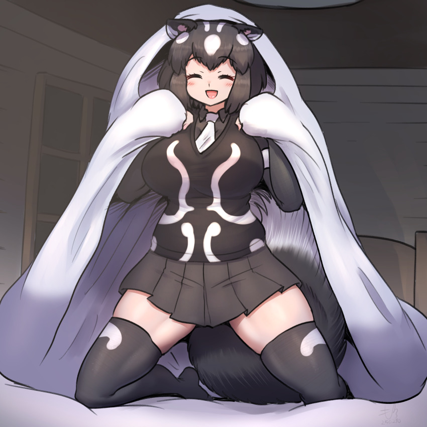 1girl :d absurdres animal_ears bed black_gloves black_hair black_thighhighs black_vest breasts closed_eyes collared_shirt commentary_request elbow_gloves facing_viewer fingerless_gloves full_body gloves grey_shirt grey_skirt highres indoors kemono_friends large_breasts light_blush mo23 multicolored_hair necktie no_shoes on_bed open_mouth pleated_skirt shirt short_hair short_sleeves skindentation skirt skunk_ears skunk_girl skunk_tail smile solo spotted_skunk_(kemono_friends) tail thighhighs two-tone_hair under_covers variant_set vest white_hair white_necktie window zettai_ryouiki
