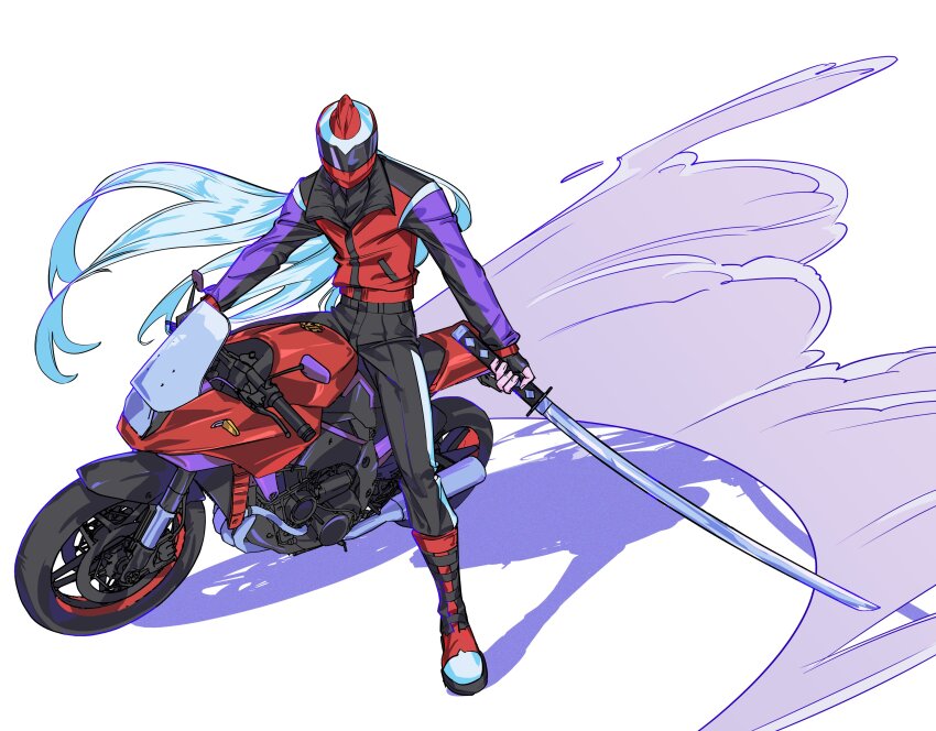1boy absurdres alternate_costume black_pants full_body grey_hair helmet highres holding holding_sword holding_weapon jacket jinsu_exe katana long_hair male_focus mega_man_(series) mega_man_battle_network_(series) motor_vehicle motorcycle pants protoman.exe red_helmet red_jacket riding simple_background solo sword weapon white_background
