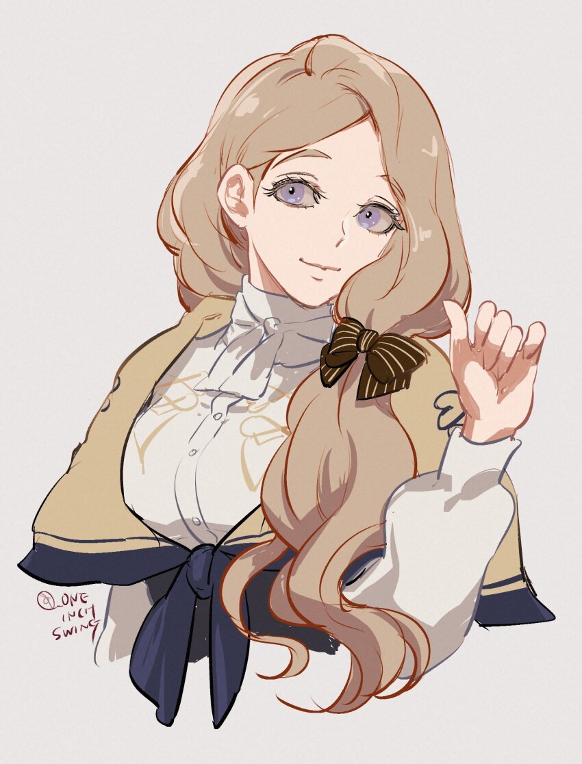 1girl blonde_hair blue_eyes bow breasts closed_mouth fire_emblem fire_emblem:_three_houses garreg_mach_monastery_uniform hair_bow hair_over_shoulder highres large_breasts long_hair long_sleeves looking_at_viewer mercedes_von_martritz nintendo simple_background smile solo umi_(_oneinchswing) upper_body