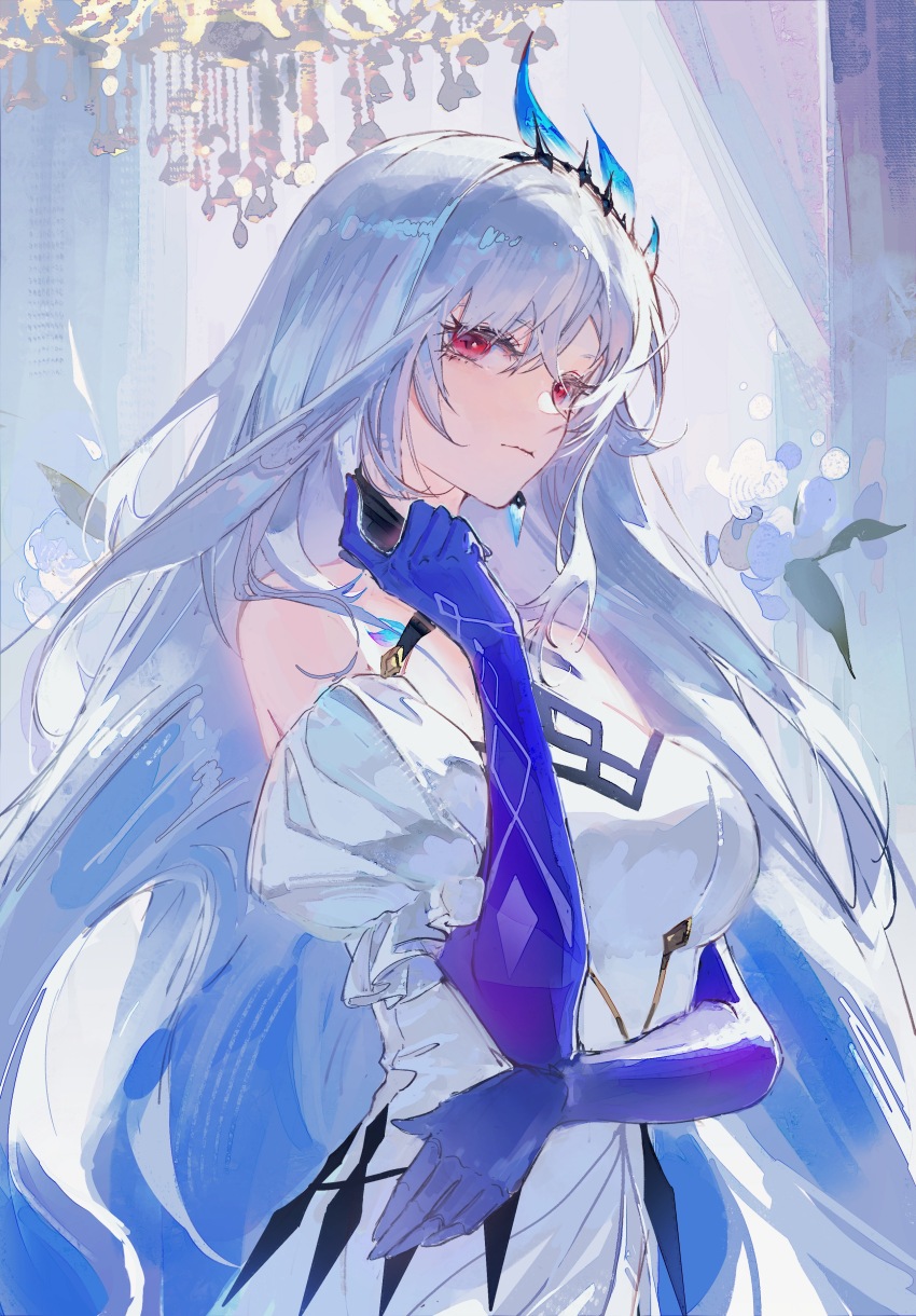 1girl absurdres arm_across_chest bare_shoulders blue_gloves breasts chinese_commentary commentary_request detached_sleeves dress earrings elbow_gloves expressionless genshin_impact gloves hair_ornament hand_up head_tilt highres index_finger_raised jewelry long_hair looking_at_viewer medium_breasts pink_eyes puffy_detached_sleeves puffy_sleeves sidelocks skirk_(genshin_fes_2026)_(genshin_impact) skirk_(genshin_impact) solo strapless strapless_dress white_dress white_hair yutou_(yutou75)