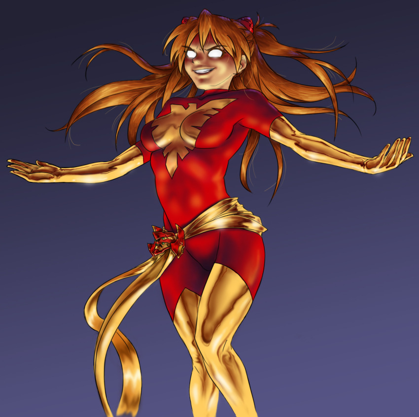 1girl artist_collaboration bodysuit boots breasts color_connection colorized cosplay dark_phoenix dark_phoenix_(cosplay) drawfag elbow_gloves eva_02 female_focus gloves glowing glowing_eyes grin highres jean_grey jean_grey_(cosplay) large_breasts long_hair marvel matsu-sensei neon_genesis_evangelion orange_hair phoenix_(x-men) phoenix_(x-men)_(cosplay) sash shiny_clothes skin_tight smile solo souryuu_asuka_langley thigh_boots thighhighs x-men