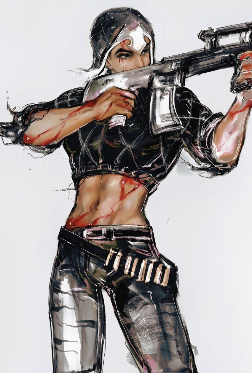 1boy a_io_u abs ammunition_belt animal_print argyle_clothes argyle_hat argyle_sweater black_hair blood blood_on_arm blood_on_face blood_on_hands blood_on_stomach cowboy_shot cropped_sweater guido_mista gun highres holding holding_gun holding_weapon jojo_no_kimyou_na_bouken male_focus midriff navel panties print_panties short_hair solo sweater tiger_print underwear vento_aureo weapon white_background