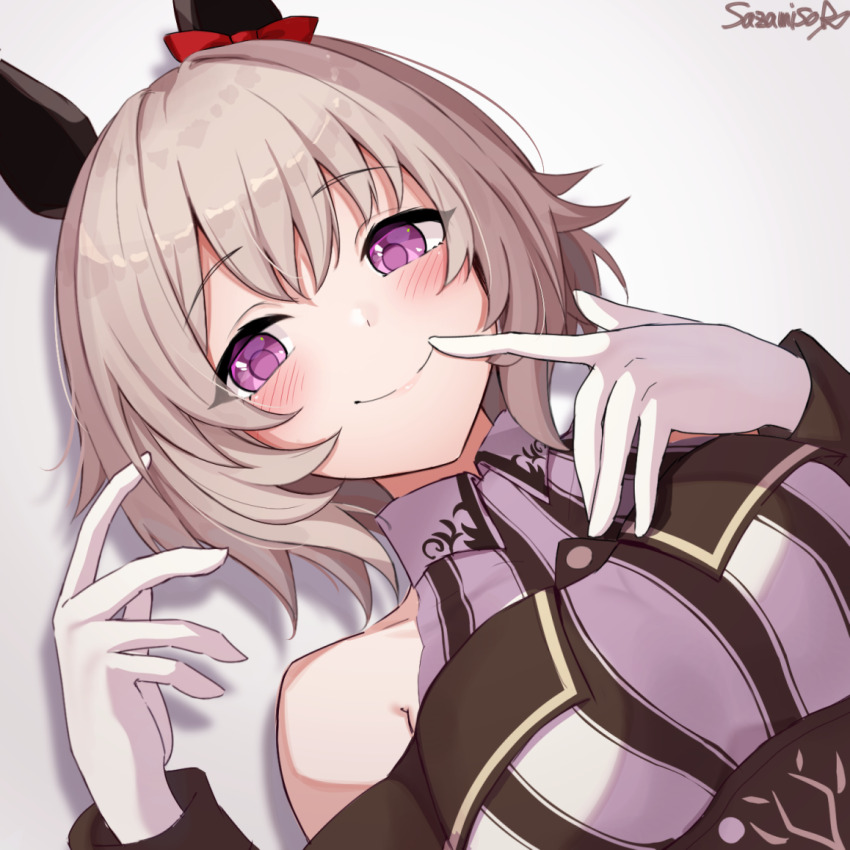 1girl animal_ears artist_name bare_shoulders black_dress blush bow closed_mouth clothing_cutout commentary curren_chan_(umamusume) dress ear_covers ear_ribbon finger_to_mouth gloves grey_background grey_hair half-closed_eyes horse_ears horse_girl looking_at_viewer purple_eyes sazamiso_rx shadow short_hair shoulder_cutout signature simple_background smile solo umamusume upper_body white_gloves